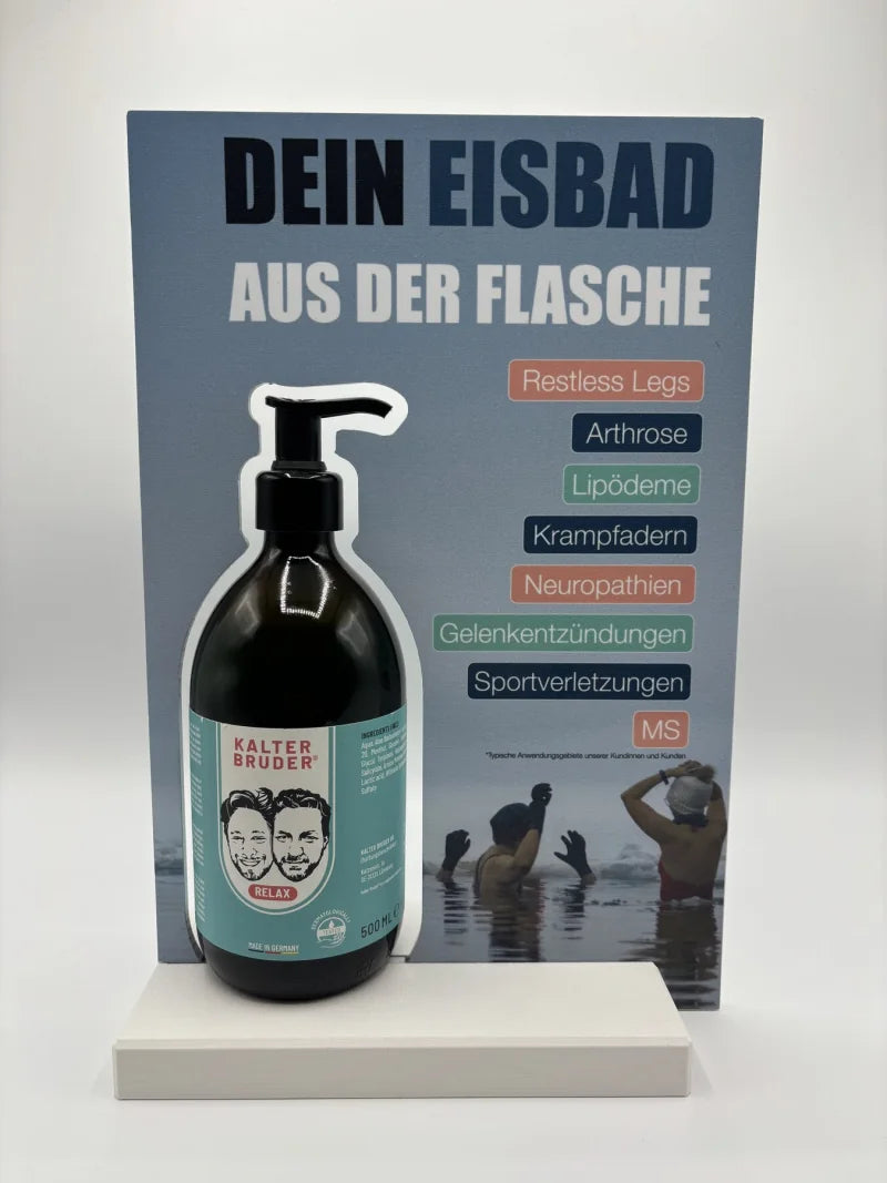 Vorderseite des Kalter-Bruder-POS-Aufstellers mit Produktflasche und genannten Einsatzbereichen